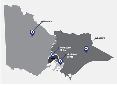 Victoria Police divisional regions, North West Metro region, Southern Metro region, Eastern region and Western region. 