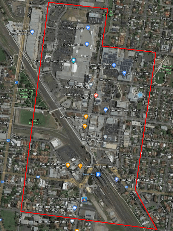 Map showing the designated area around the Sunshine Railway Station