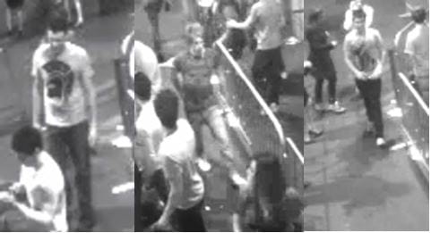 Three black and white images of CCTV footage showing a young man, between 165 to 175 centimetres tall, with a thin to medium build and light brown or blond spiky hair. He is standing outside the Queens Bridge Hotel, near a crowd railing and surrounded by other people. He is wearing a light purple or blue t-shirt and light blue jeans.