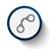 The reduce crime icon shows an outline of a pair of handcuffs surrounded by a dark blue circle border. 