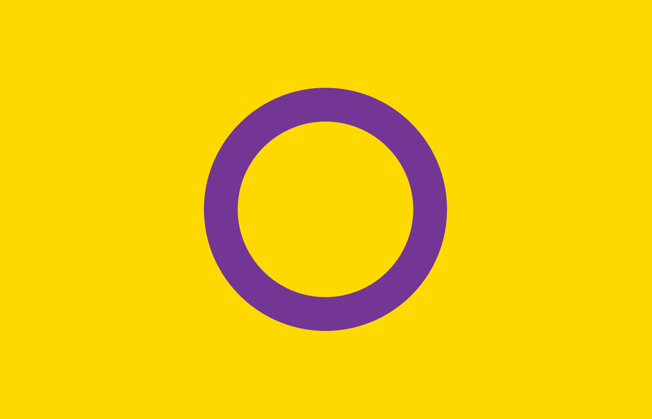 Intersex Variations Pride Flag. The flag is yellow with a purple-coloured ring in the centre.