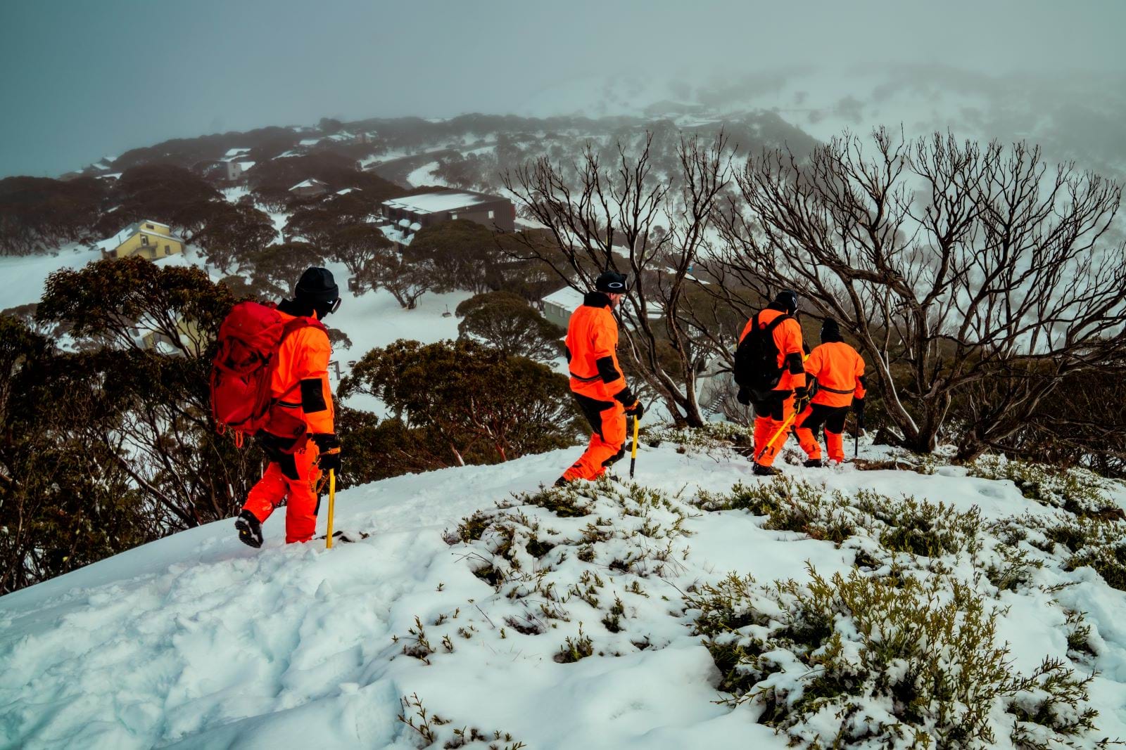 Four search and rescue officers in snow protective gear, walking through the snow. 