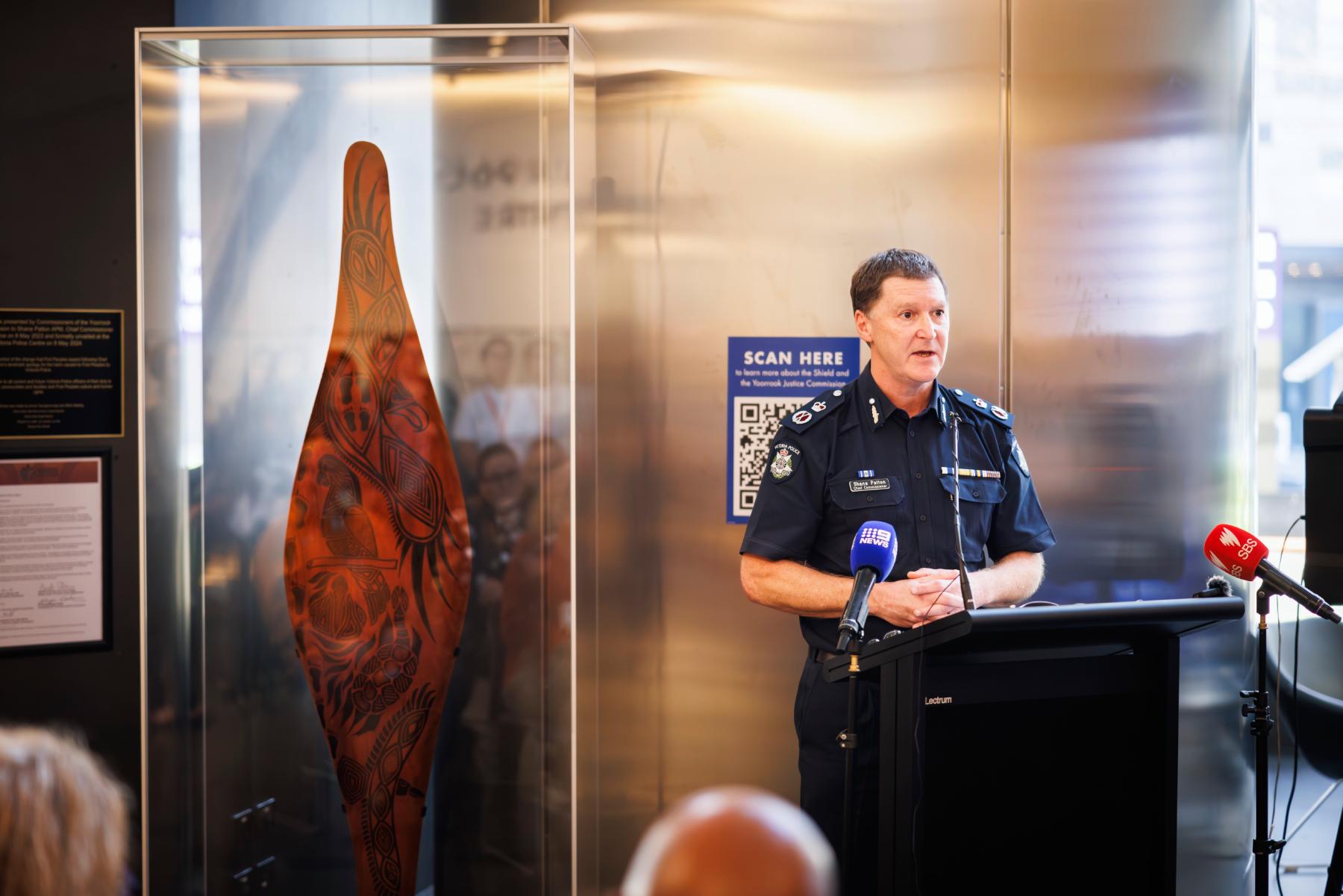 The Chief Commissioner of Police, Shane Patton APM speaking at the Unveiling of the Shield event.