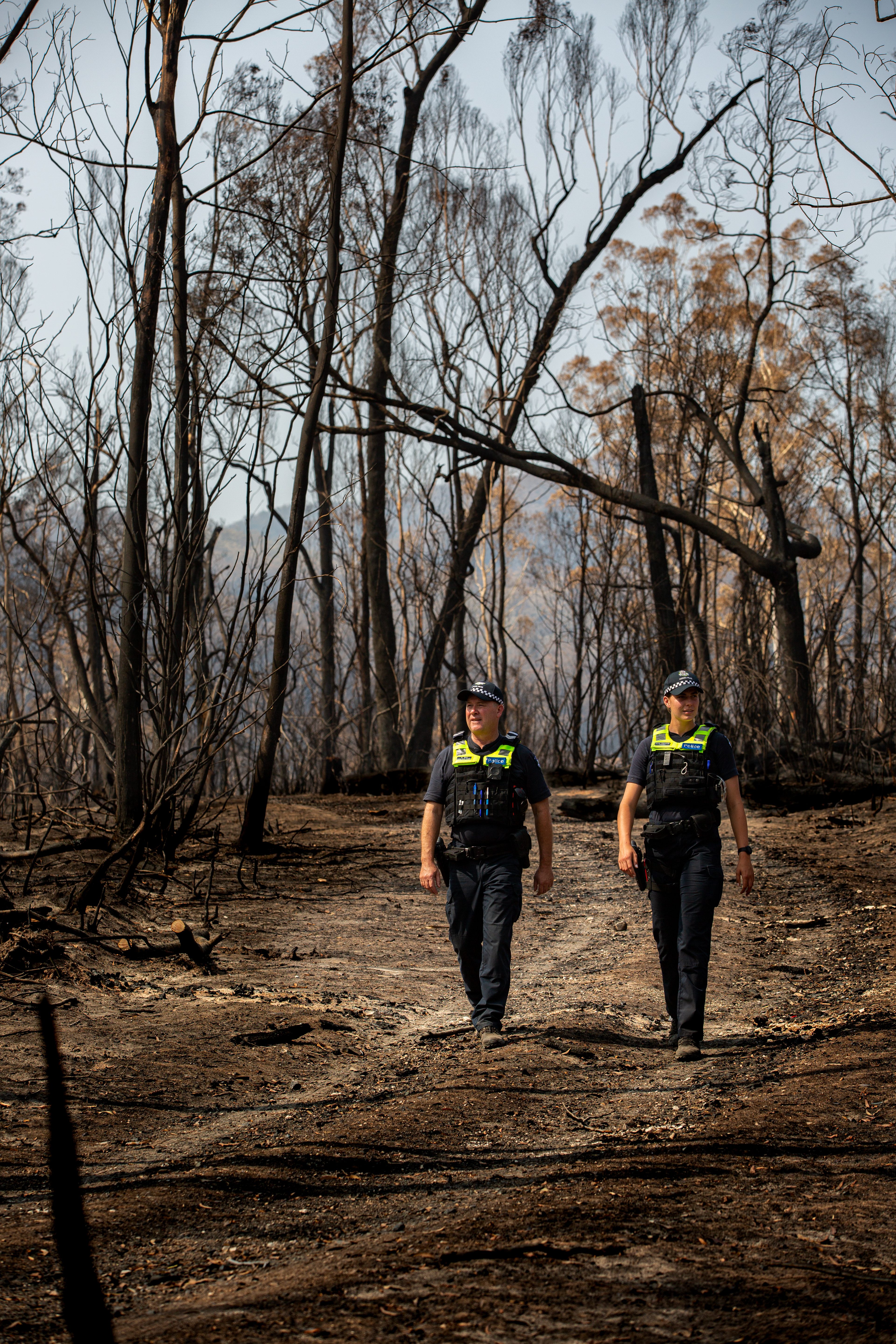 Victorian bushfires 2019-2020 - Two officers walking through bush after fire