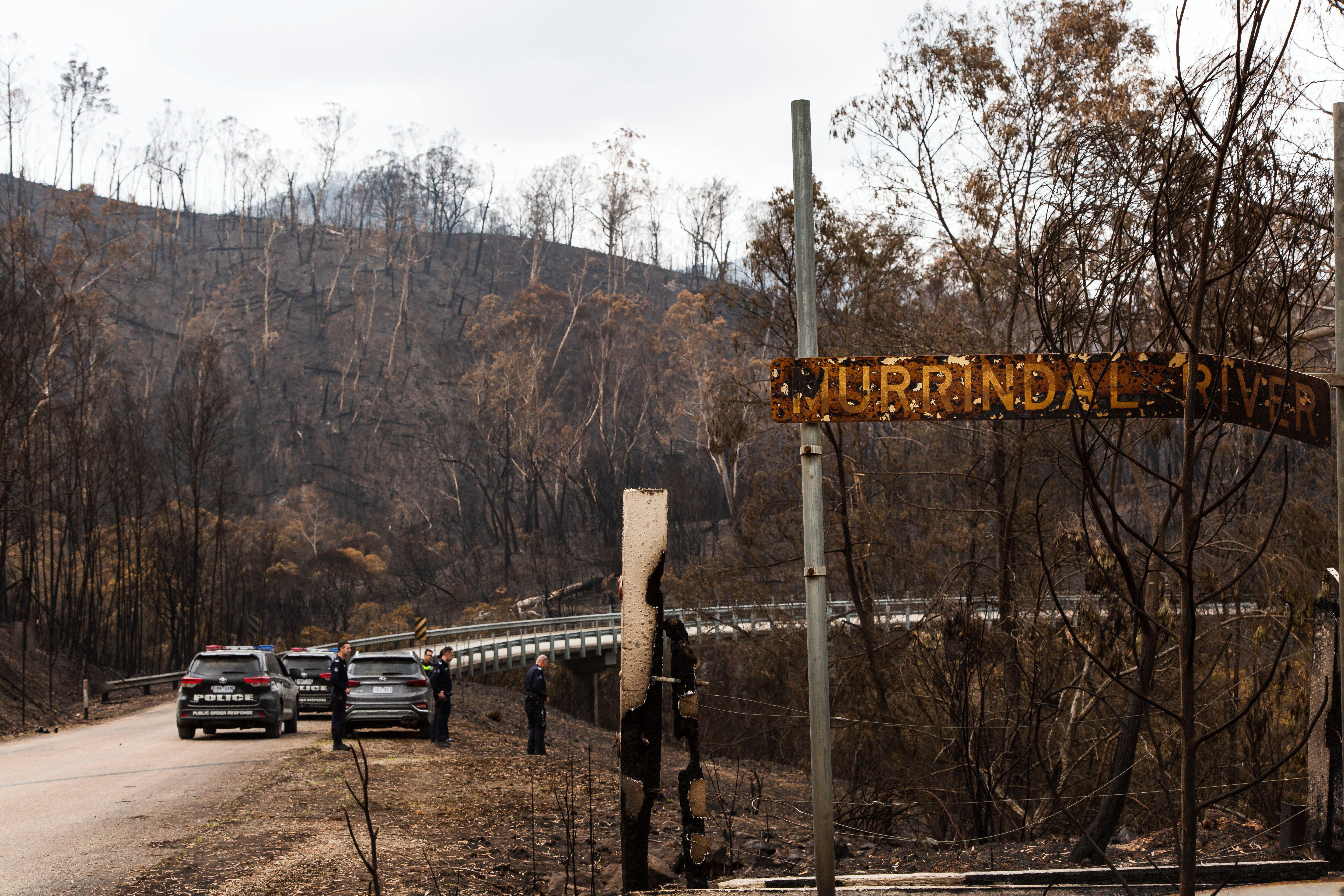 Victorian bushfires 2019-2020 - Police cars and officers by road side after bushfire