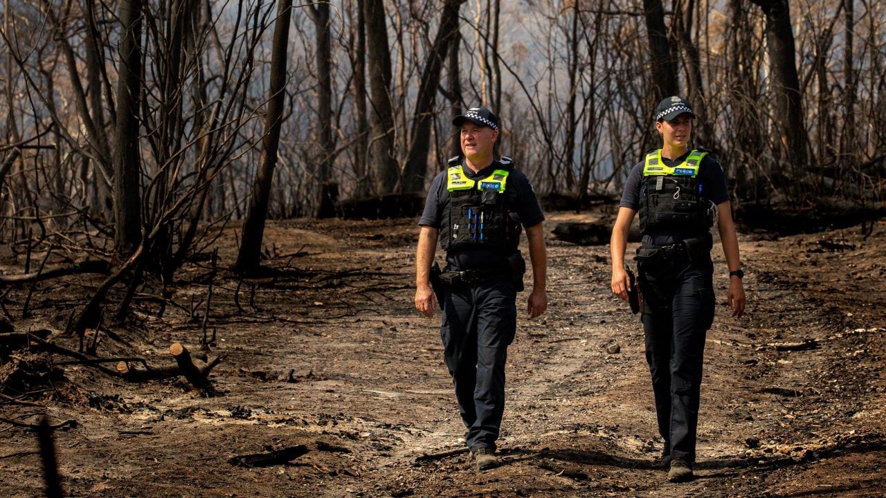 Two police officers in uniform, walking through a burnt forest area. 