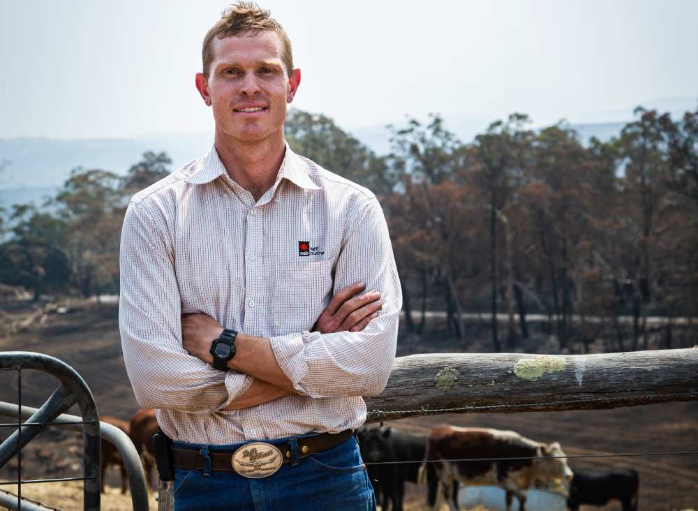 Victorian bushfires 2019-2020 - Victorian farmer by a paddock with cows