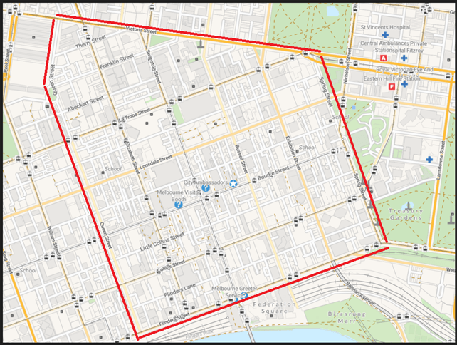 Map of the Melbourne CBD area bounded by Queen Street, Flinders Street, Spring Street, Victoria Street..