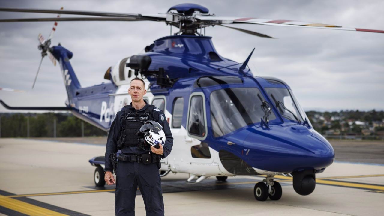 About us - Police Life podcast - Hunting high and low - officer in front of a helicopter