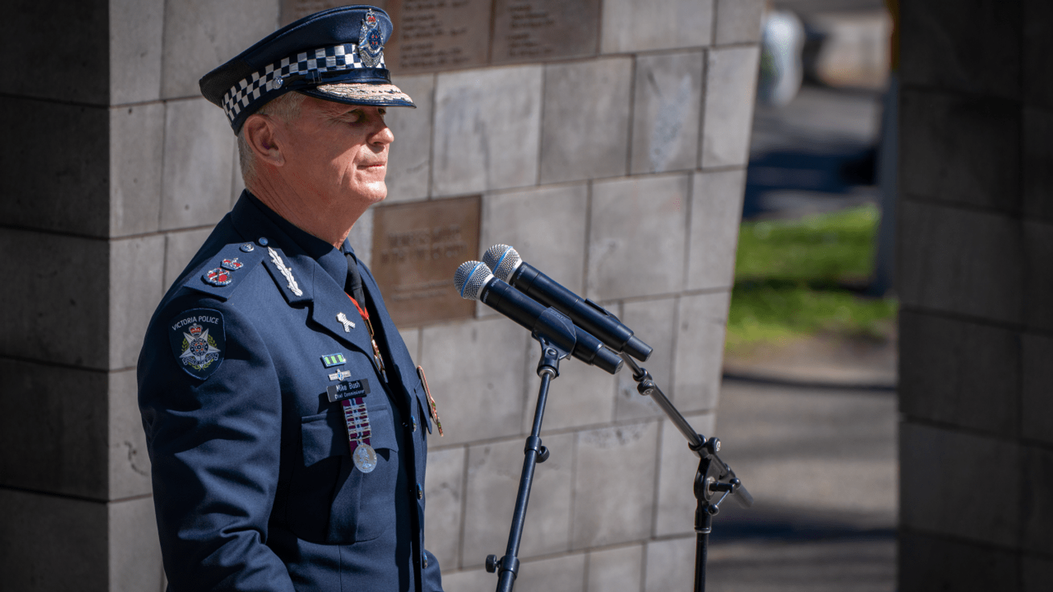 Chief Commissioner Mike Bush speaks on National Police Remembrance Day at the Police Memorial..