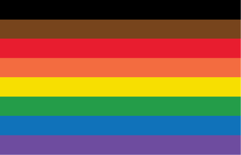 The LGBTIQ+ rainbow flag. The colours from top down featured on the flag are black, brown, red, orange, yellow, green, blue and purple.