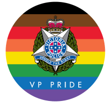 The Victoria Police pride symbol. The symbol shows the Victoria Police logo with 